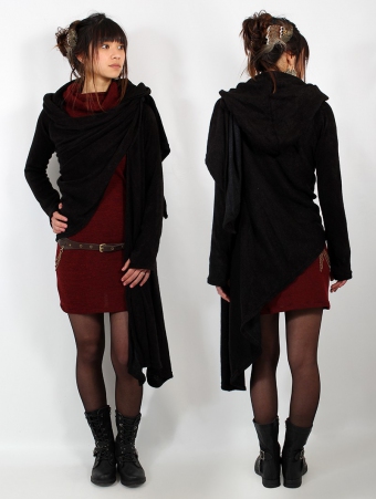  Danaeriz  long sleeve hooded shawl cardigan, Black