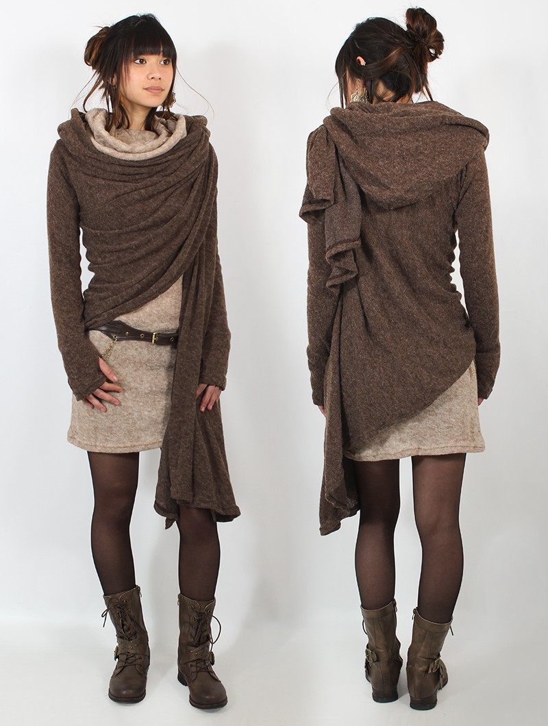  Danaeriz  long sleeve hooded shawl cardigan, Brown