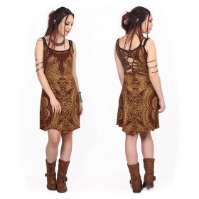 "Electra Paisley" printed short strappy dress, Brown and gold