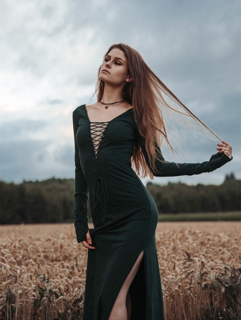  Valkyrie  lace-up split long dress, Peacock teal