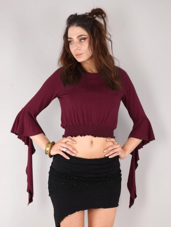  Neiana  shirred crop top with puff sleeve, Burgundy red