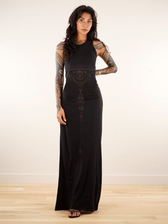 Long and fitted black sleeveless dress, printed patterns, Gado Vairë Anazra