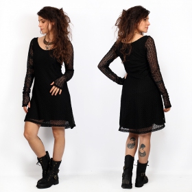 alchemÿa yggdrazil black lace dress, lovely short flared dress with a crochet lining dress, long transparent sleeves and wide round elegant neckline, roots, dark boho, mori dress, goth, skater dress
