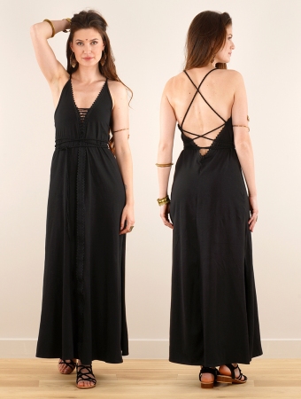 \ Amulette\  lace-up split long dress, Black