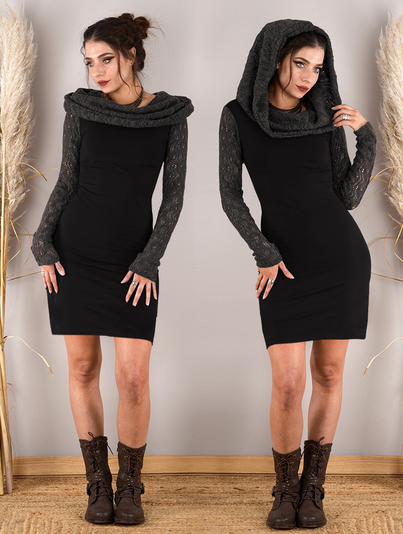 \ Atmäa\  crochet long sleeved dress, Black and grey