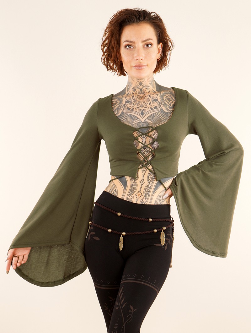 \ Elfique\  flared long sleeve crop top with front lacing, Olive green