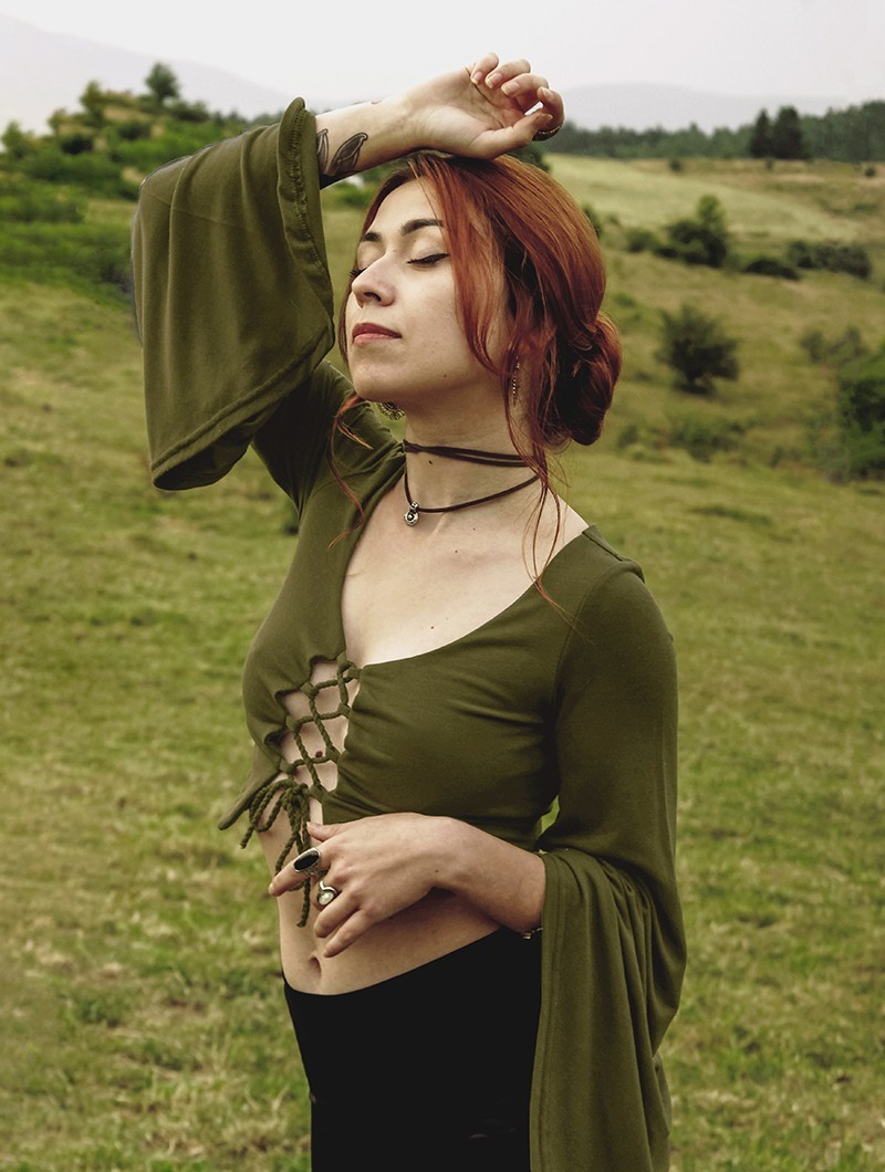 \ Elfique\  flared long sleeve crop top with front lacing, Olive green
