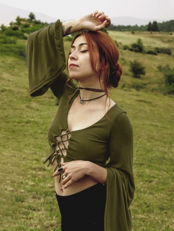  Elfique  flared long sleeve crop top with front lacing, Olive green