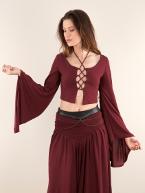 \ Elfique\  flared long sleeve crop top with front lacing, Wine