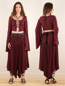 \ Elfique\  flared long sleeve crop top with front lacing, Wine