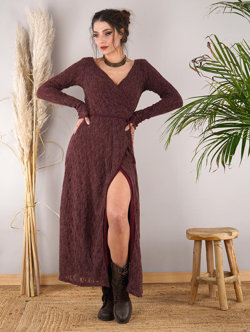 sleeve burgundy wine crochet long dress ...