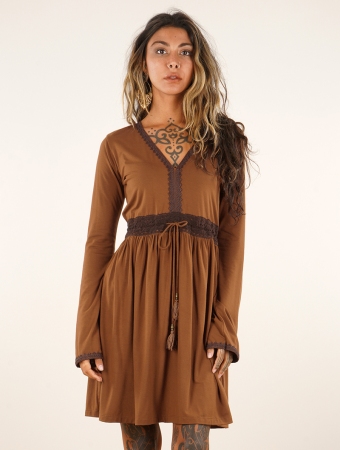 \ Firiel\  long sleeve dress with crochet detail, Golden brown