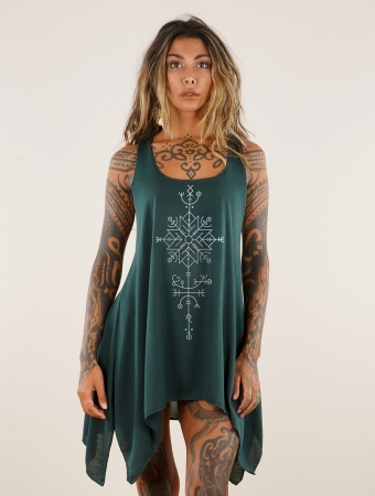 \ Freyja\  printed knotted sleeveless tunic, Teal and silver