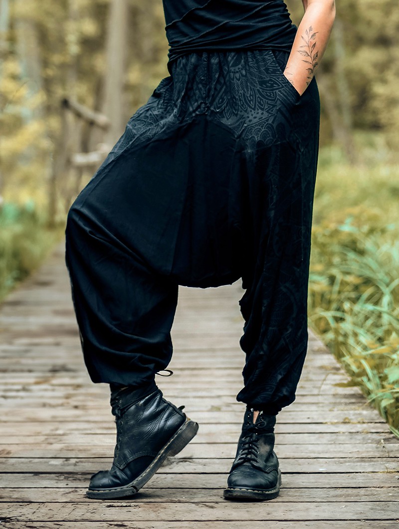 Black light harem pants with grey geometric ethnic prints, Gadogado ...