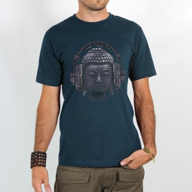 \ Headphone Bouddha\  printed short sleeve t-shirt, Blue