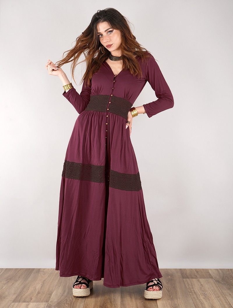 \ Heldaria\  buttoned long dress, Wine with brown crochet