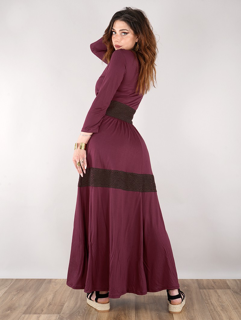 \ Heldaria\  buttoned long dress, Wine with brown crochet