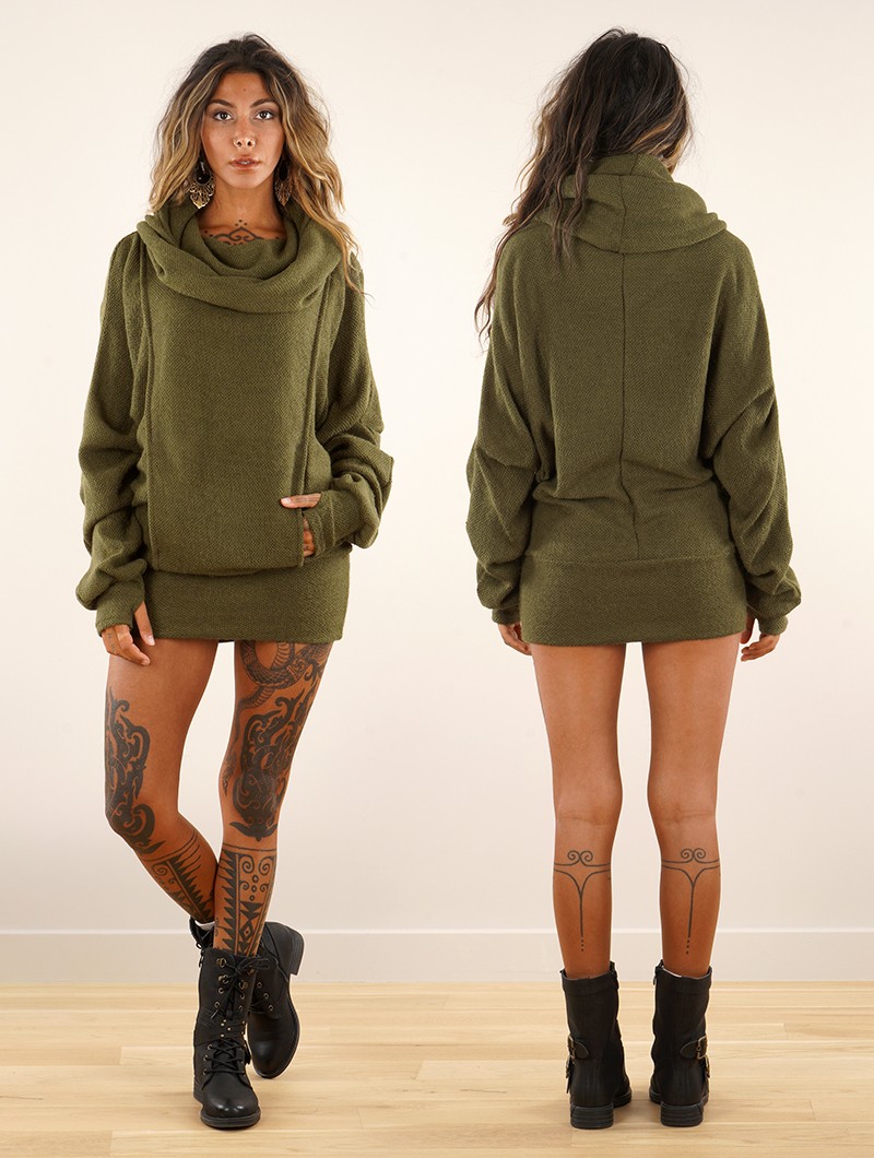Helixx retractable hooded long sweater, Army green