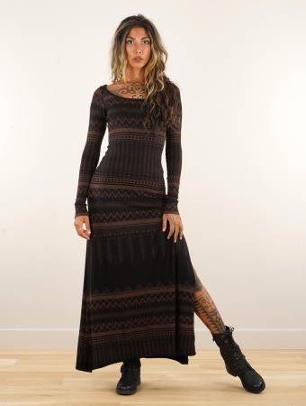 \ Inanna Aztec\  pinted long sleeve long dress dress, Black