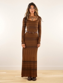 \ Inanna Aztec\  pinted long sleeve long dress dress, Goldenbrown
