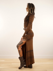 \ Inanna Aztec\  pinted long sleeve long dress dress, Goldenbrown