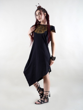 \ Lakshmi\  short sleeve dress, Black with golden print