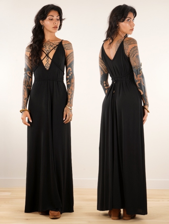 Strappy black long dress, deep V-neck, bare back, cinched