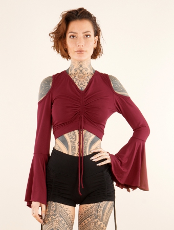 \ Maena\  bare back top with flared long sleeves and bare shoulders, Deep red