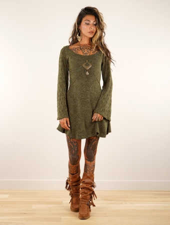 \ Mse\  crochet sleeve skater dress, Army green