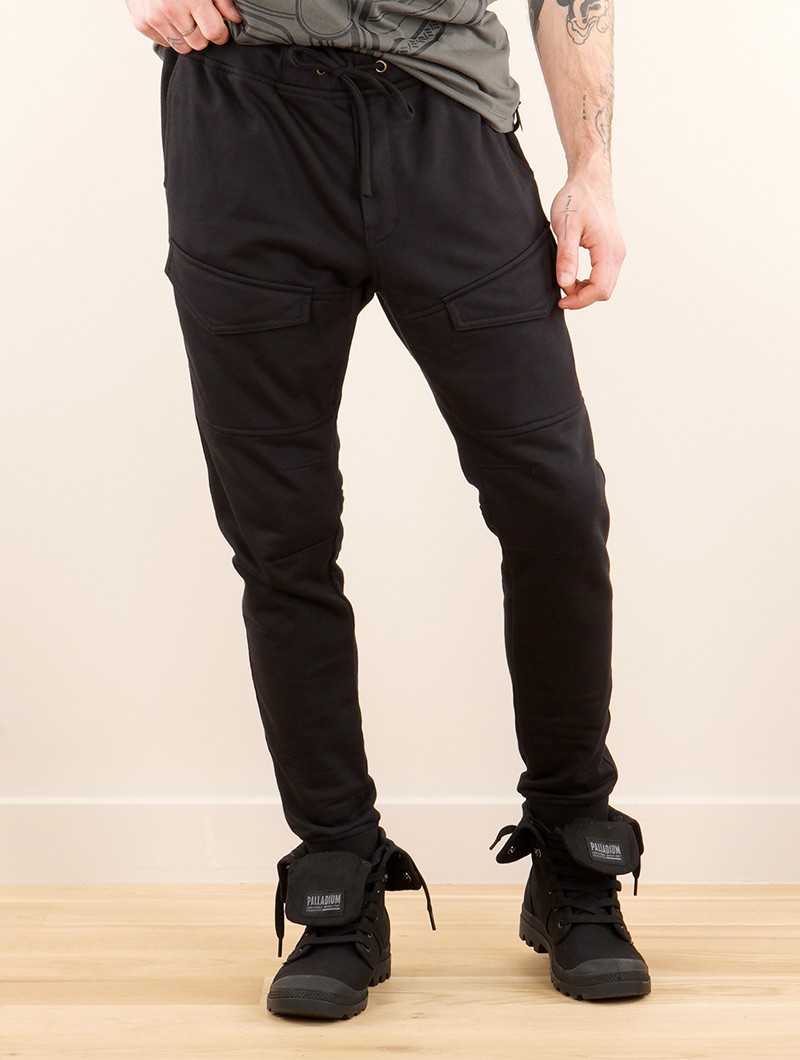 Black cotton twill cargo pants, multi-pocket, slim fit, Gado Takoda
