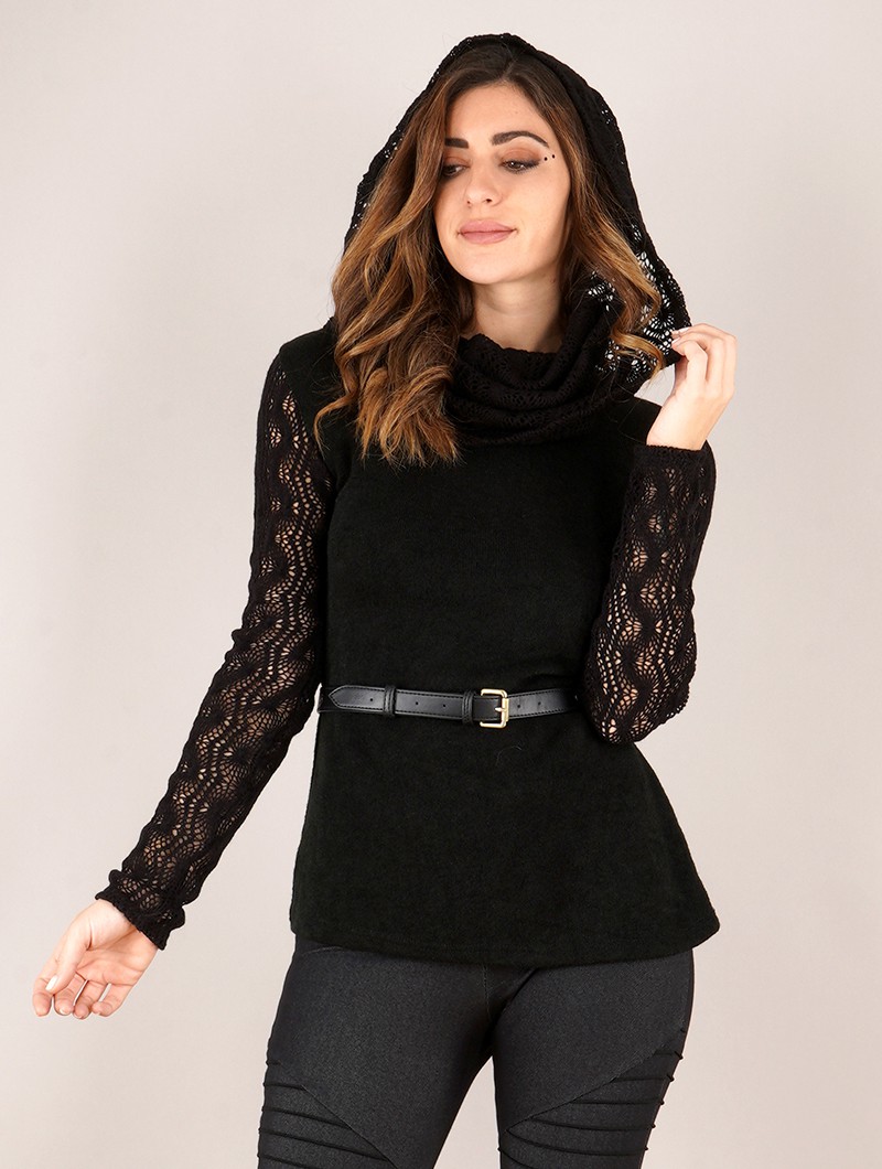 dark and collar, mori crochet Yggdrazil sweater goth, sleeves Nouchka with Black
