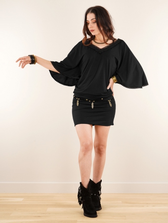 \ Nka\  poncho short dress with 3/4 sleeves, Black