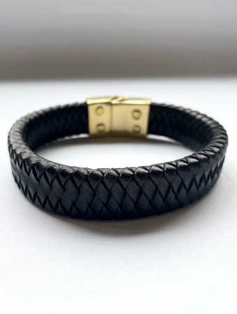 \ Pencylak\  leather and golden brass bracelet, Black