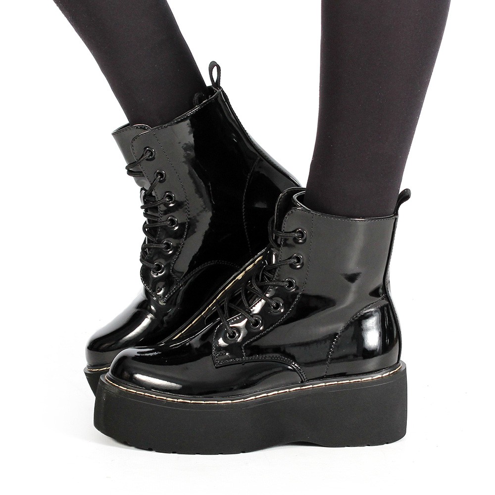 black shiny platform boots
