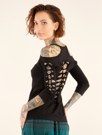 \ Sedna\  cut out braided back and 3/4 sleeve top, black