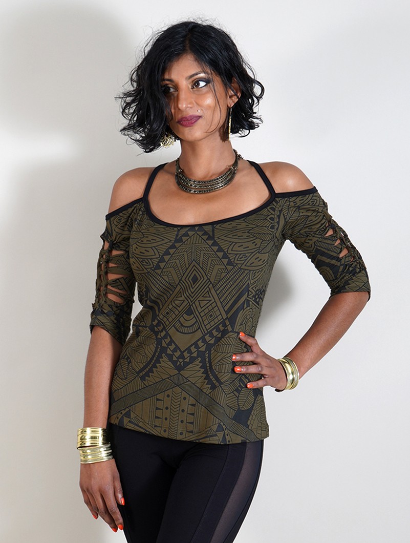 Sedna Africa cut out braided back and 3/4 sleeve printed top, Army green