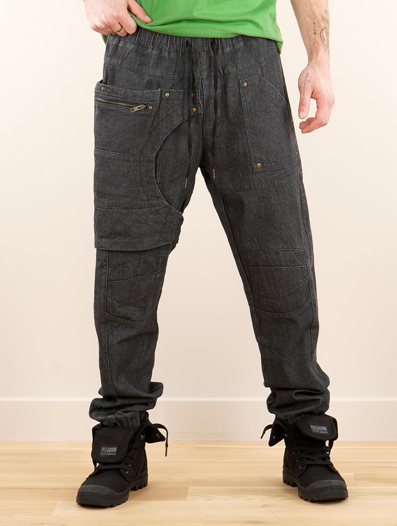 Black cotton twill cargo pants, multi-pocket, slim fit, Gado Red