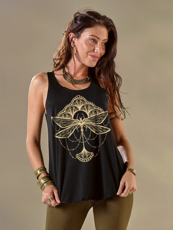 \ Waia Dragonfly\  printed tank top, Black with golden print